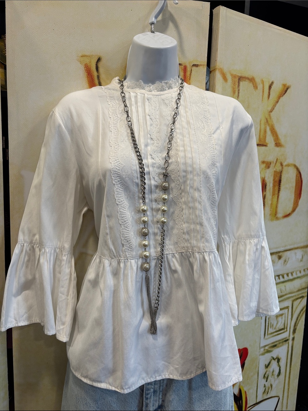 Atmosphere White Lace-Trim Peplum Blouse